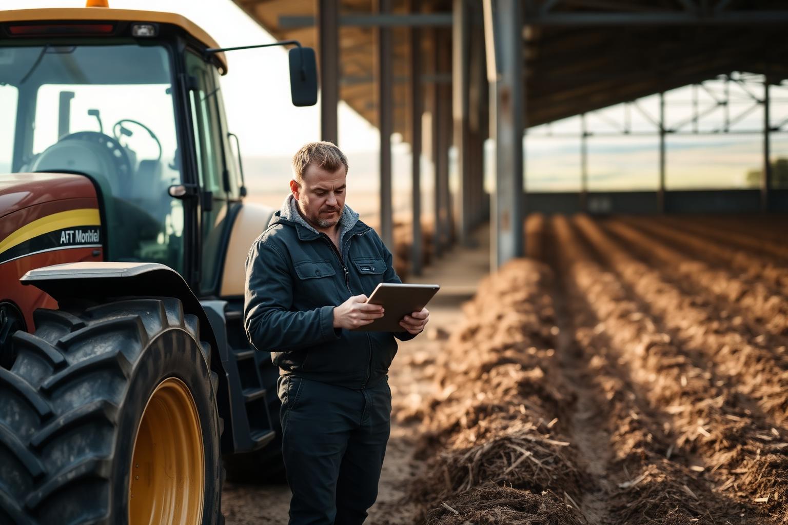 UK farming and agriculture scene with fields, livestock and machinery at harvest