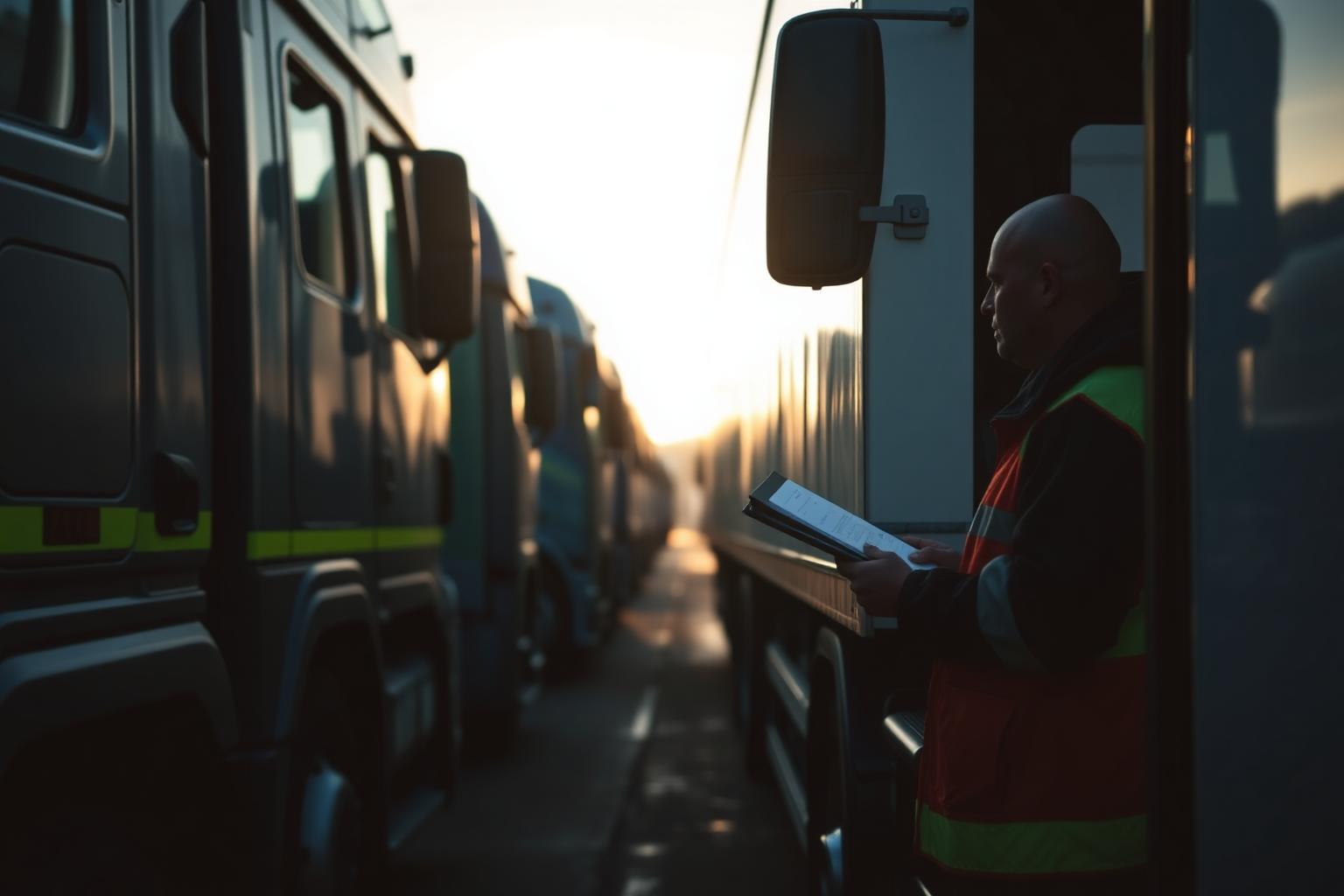 UK haulage and logistics yard with HGV trucks lined up at a distribution depot