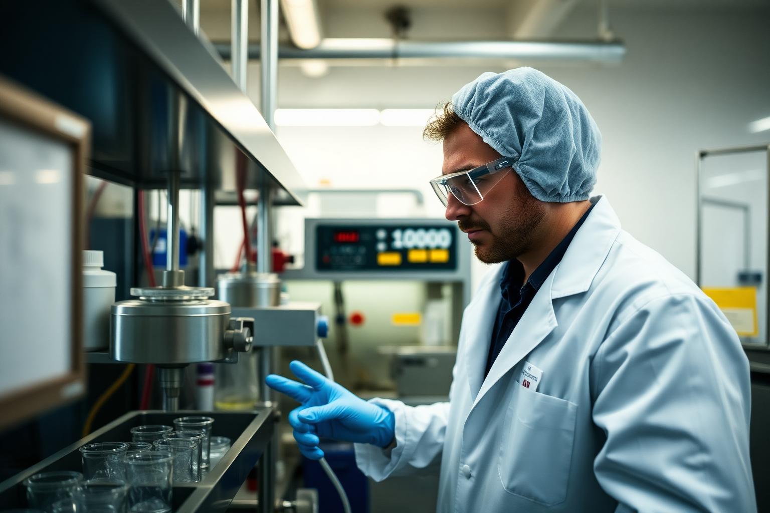 UK pharmaceutical and chemicals laboratory with technicians in PPE handling production batches
