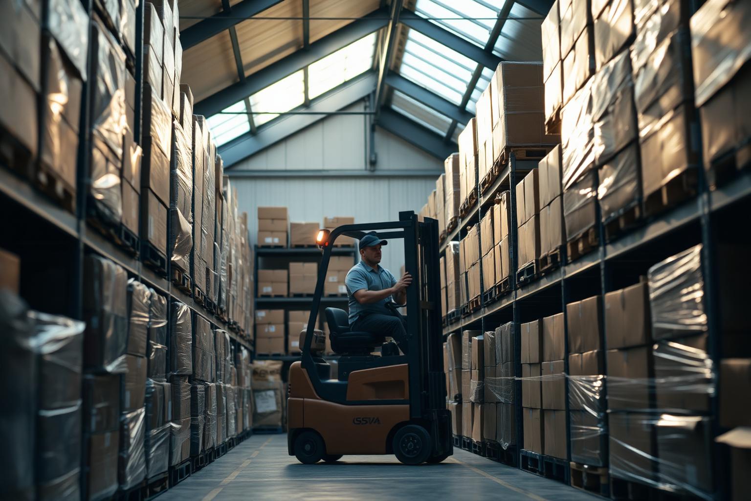 UK wholesale distribution warehouse with stacked pallets and forklift activity